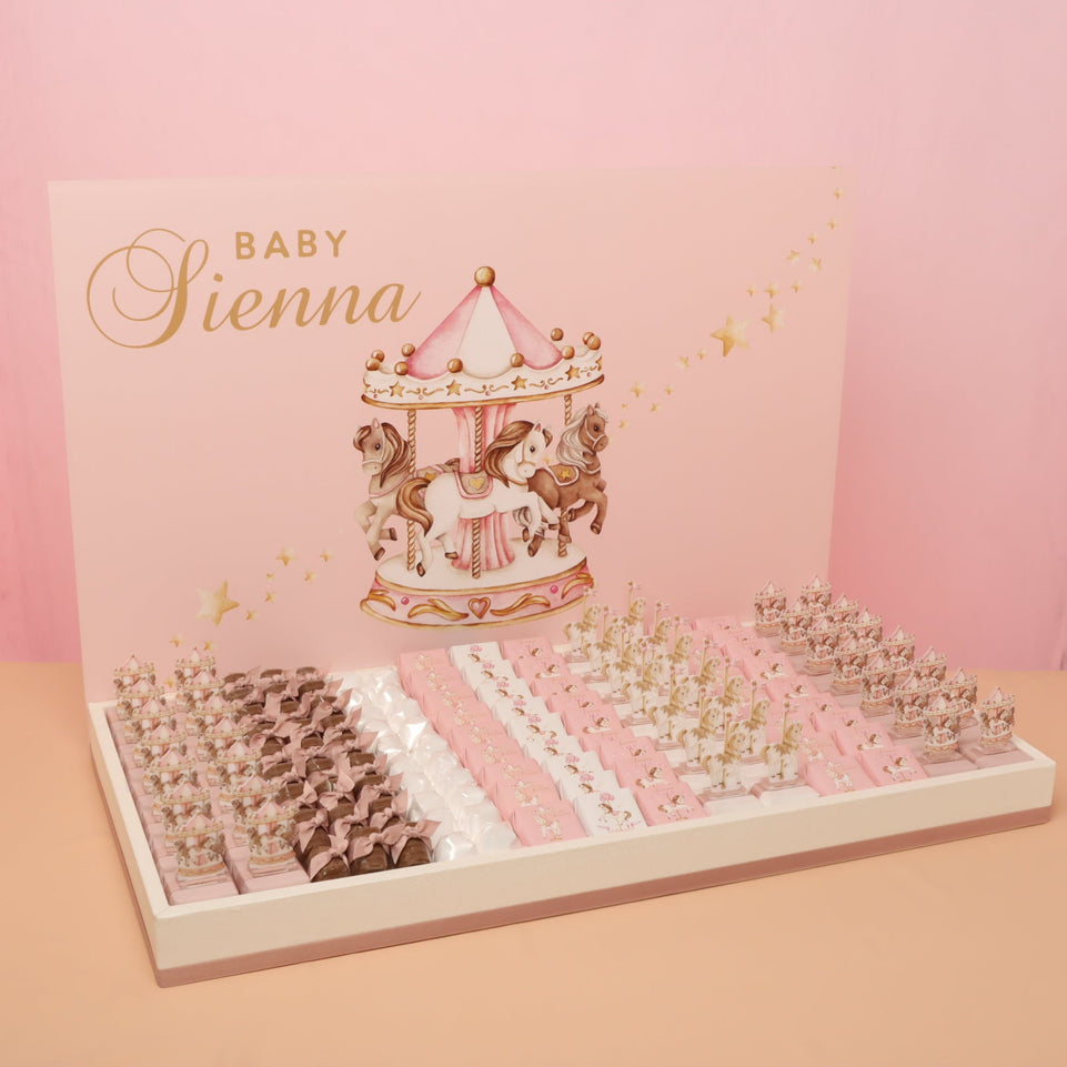 Baby girl carousel theme chocolate large leather tray with acrylic personalized design backdrop.