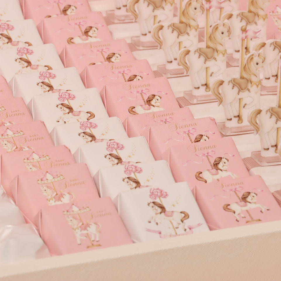 Baby girl carousel theme chocolate large leather tray with acrylic personalized design backdrop.