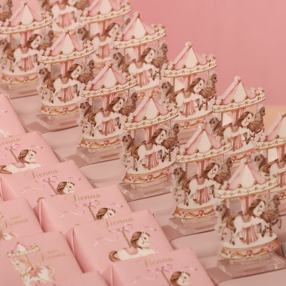 Baby girl carousel theme chocolate large leather tray with acrylic personalized design backdrop.