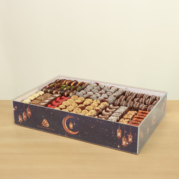 Corporate customized Ramadan designed premium chocolate & dates large acrylic tray with cover