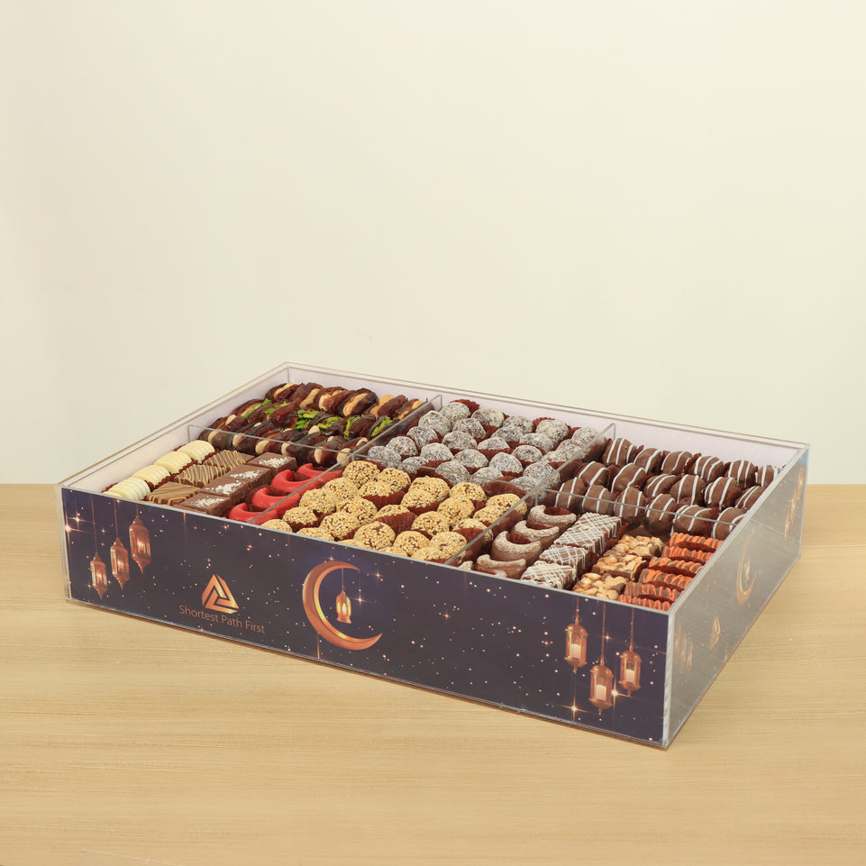 Corporate customized Ramadan designed premium chocolate & dates large acrylic tray with cover