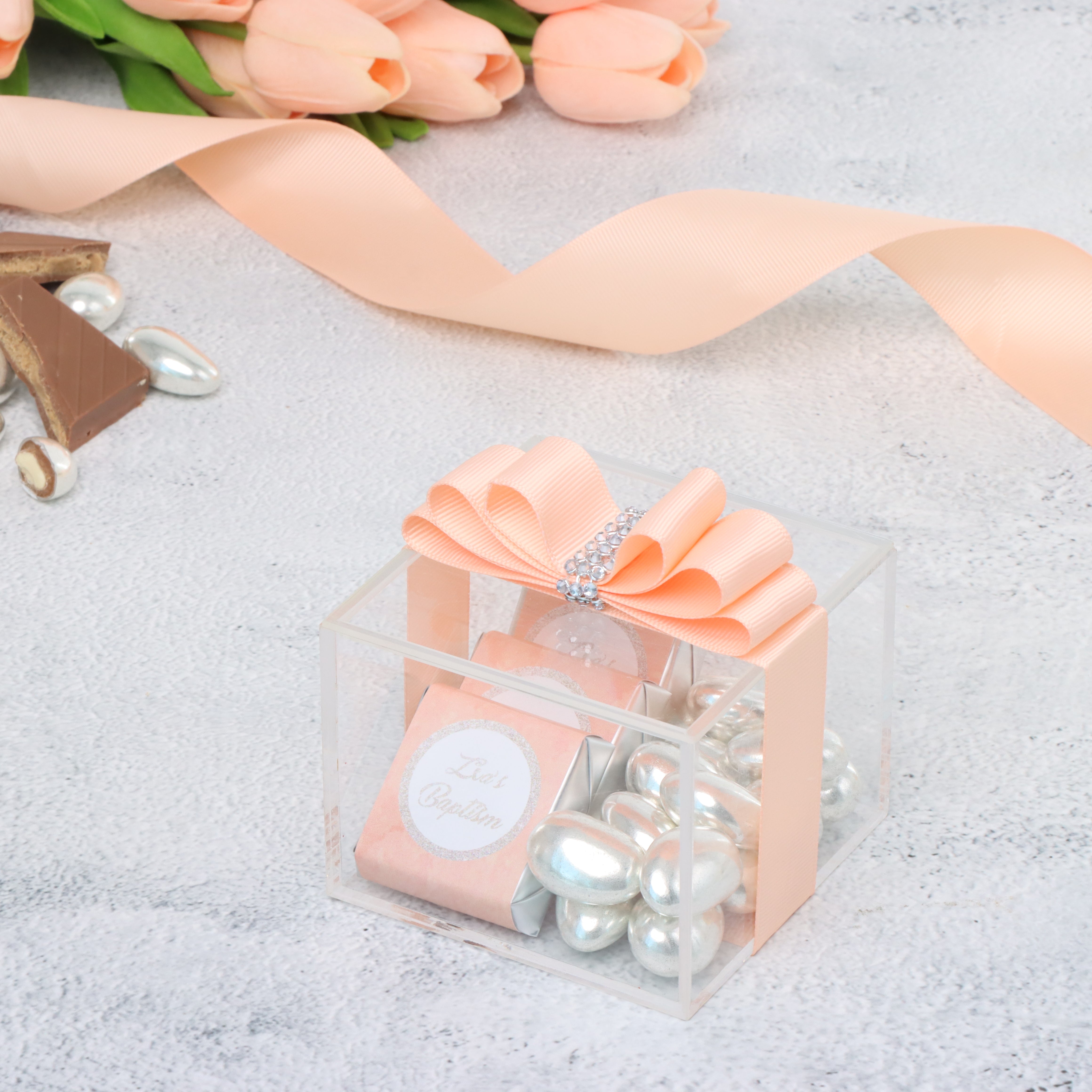 Set of 20 Baby ribbon decorated chocolate acrylic box