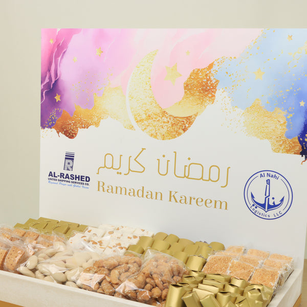 Corporate customize Ramadan kareem pastel designed chocolate & sweets medium leather tray with designed acrylic backdrop