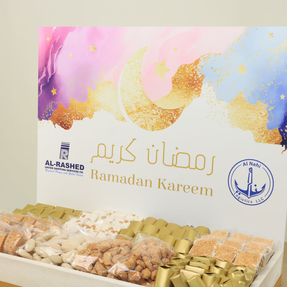 Corporate customize Ramadan kareem pastel designed chocolate & sweets medium leather tray with designed acrylic backdrop