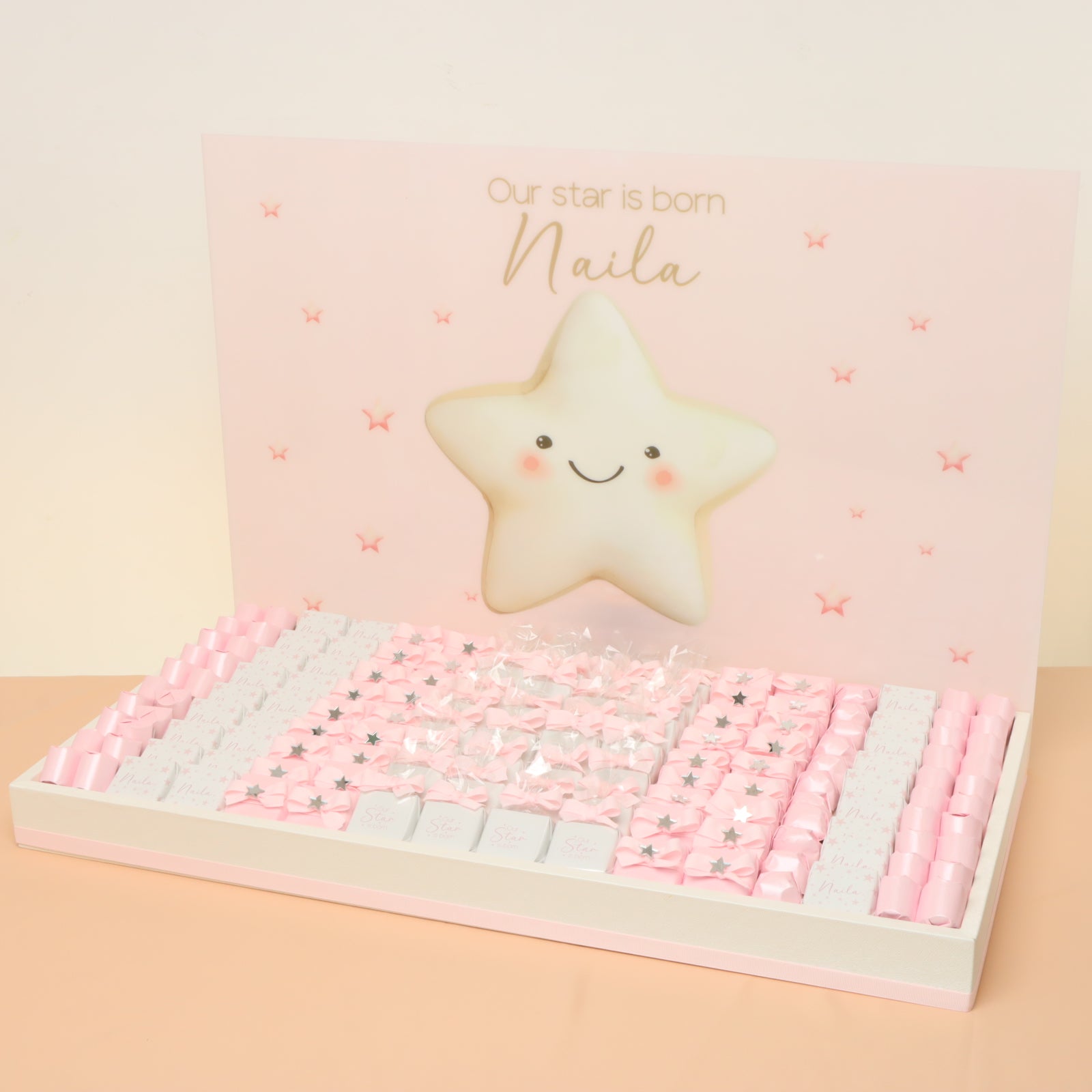 Baby Girl personalized star theme chocolate large leather tray with personalized designed acrylic backdrop.