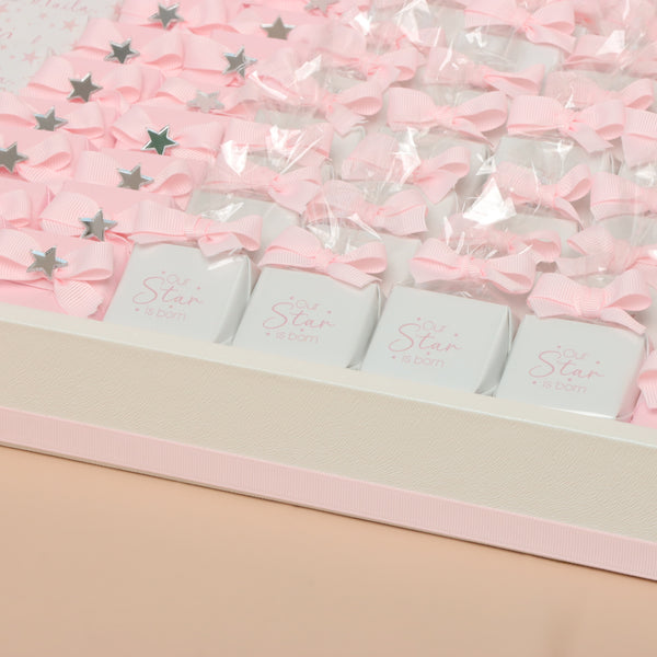 Baby Girl personalized star theme chocolate large leather tray with personalized designed acrylic backdrop.