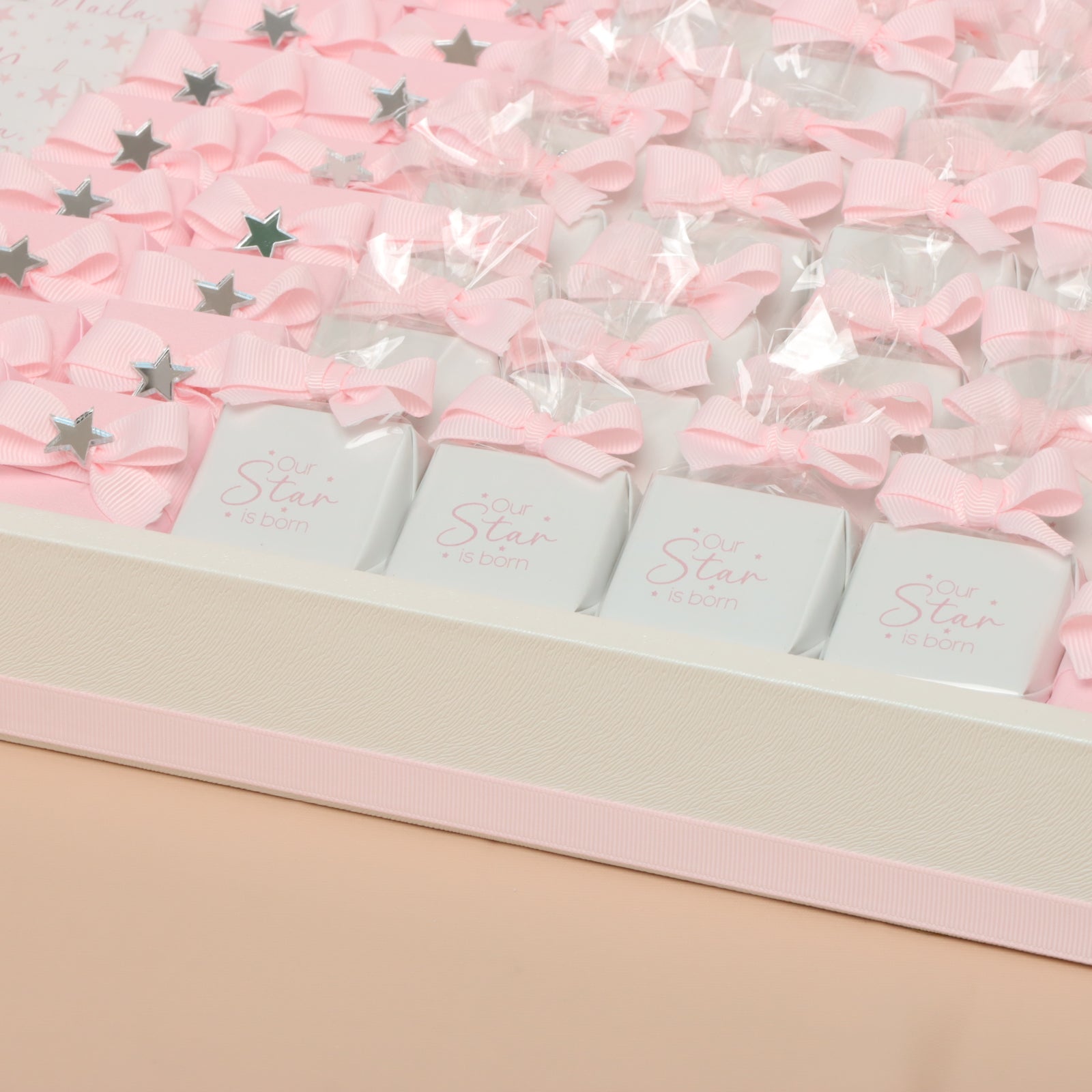 Baby Girl personalized star theme chocolate large leather tray with personalized designed acrylic backdrop.