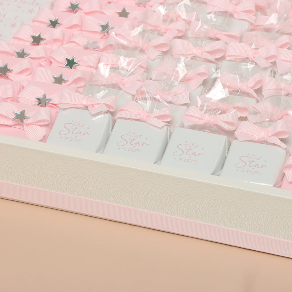 Baby Girl personalized star theme chocolate large leather tray with personalized designed acrylic backdrop.