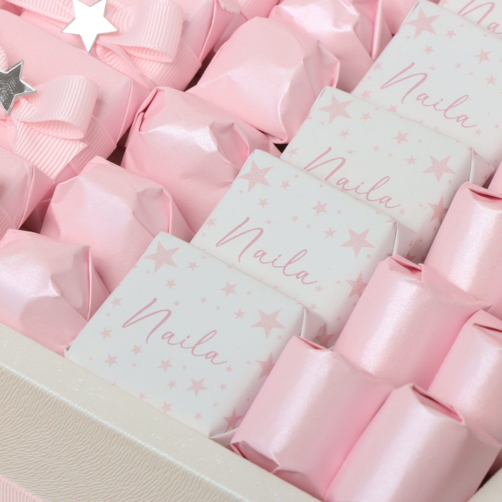 Baby Girl personalized star theme chocolate large leather tray with personalized designed acrylic backdrop.