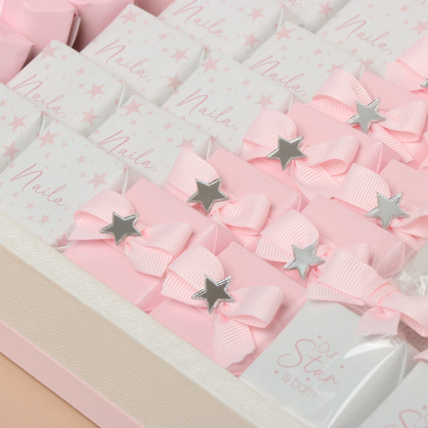 Baby Girl moon star designed chocolate large leather tray with personalized designed acrylic backdrop.