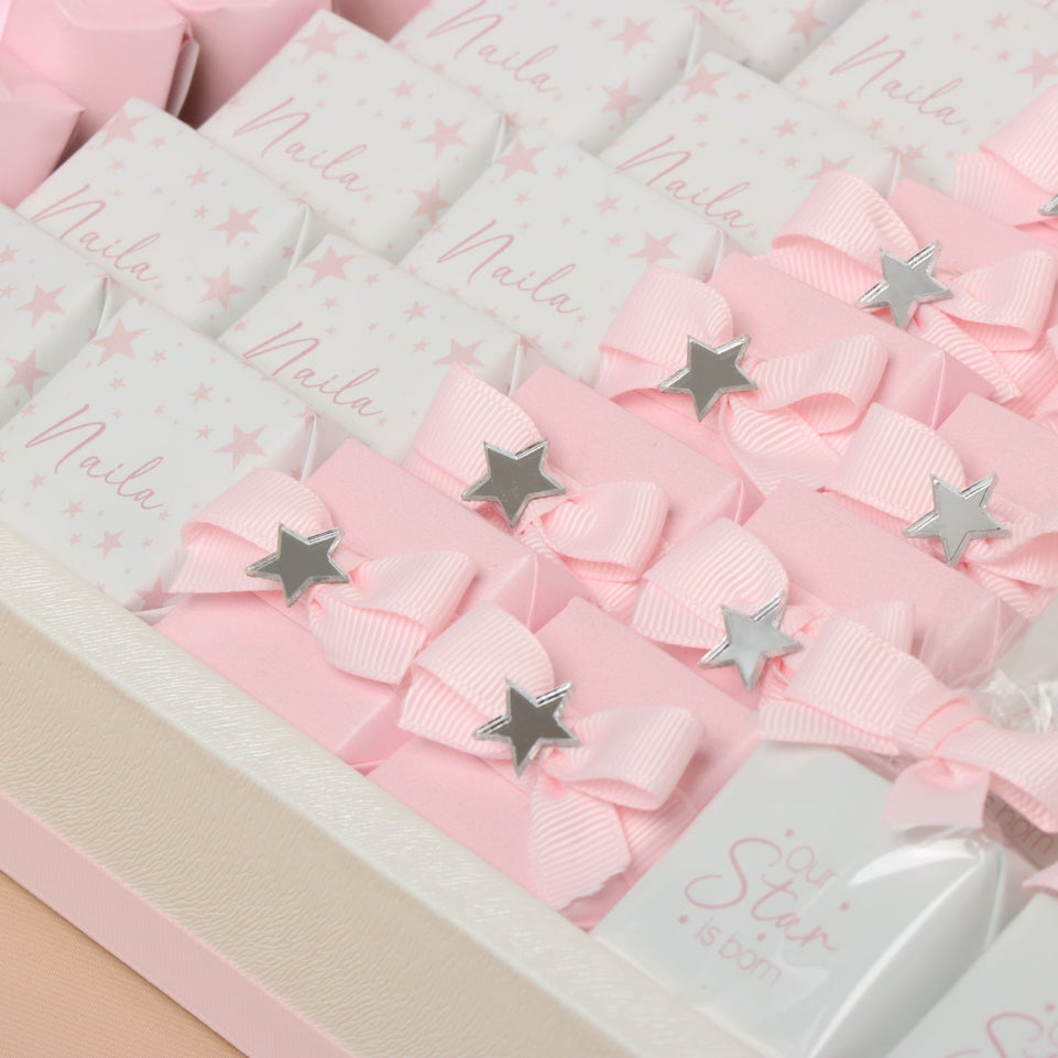 Baby Girl moon star designed chocolate large leather tray with personalized designed acrylic backdrop.