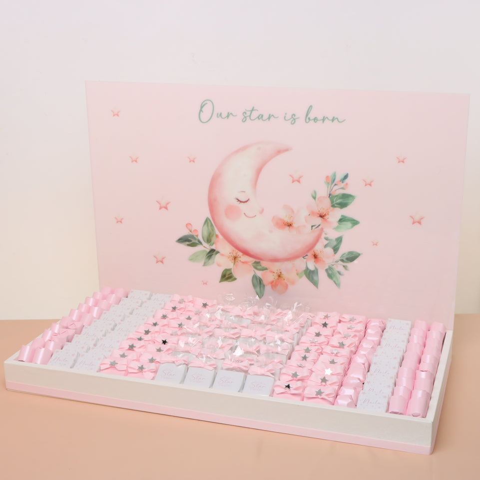 Baby Girl moon star designed chocolate large leather tray with personalized designed acrylic backdrop.