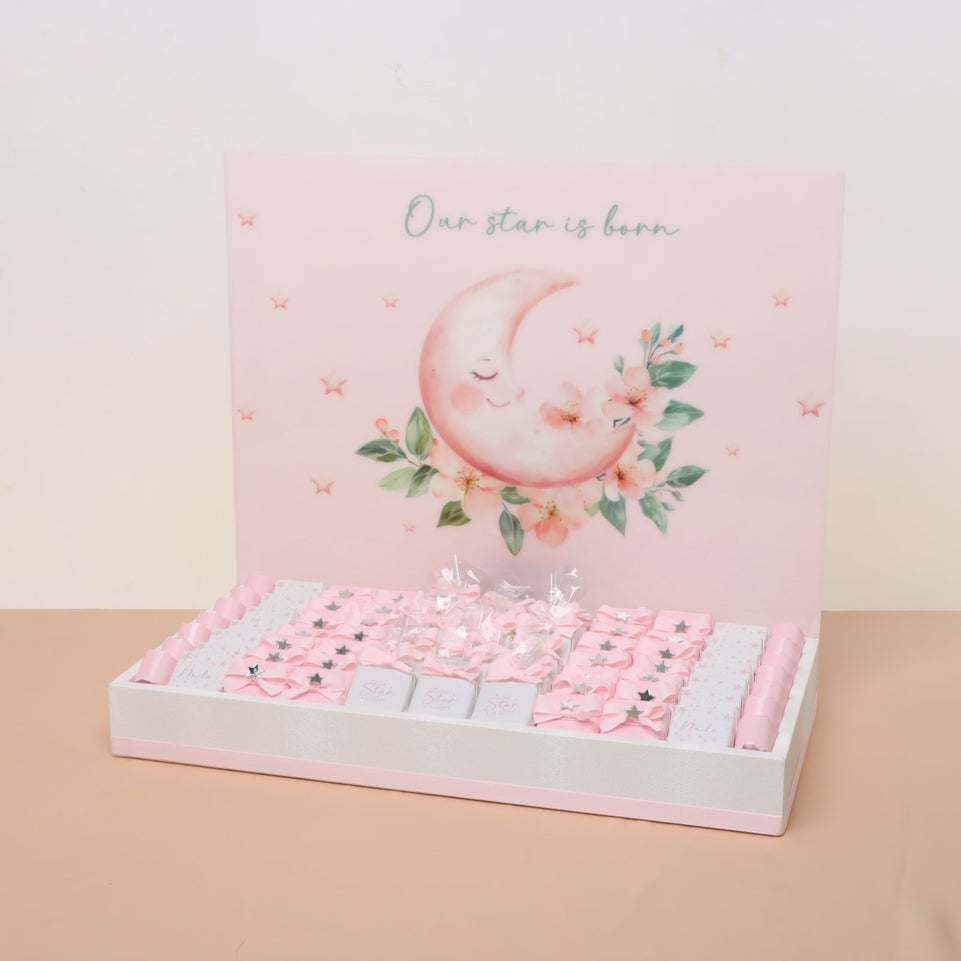 Baby Girl moon star designed chocolate medium leather tray with personalized designed acrylic backdrop.