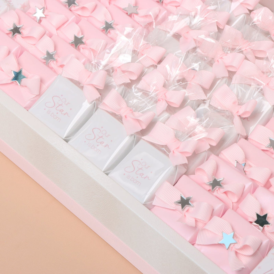 Baby Girl moon star designed chocolate medium leather tray with personalized designed acrylic backdrop.