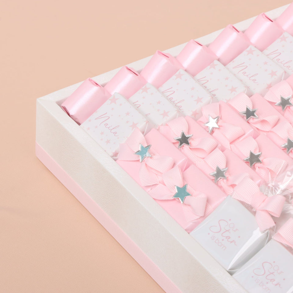 Baby Girl moon star designed chocolate medium leather tray with personalized designed acrylic backdrop.