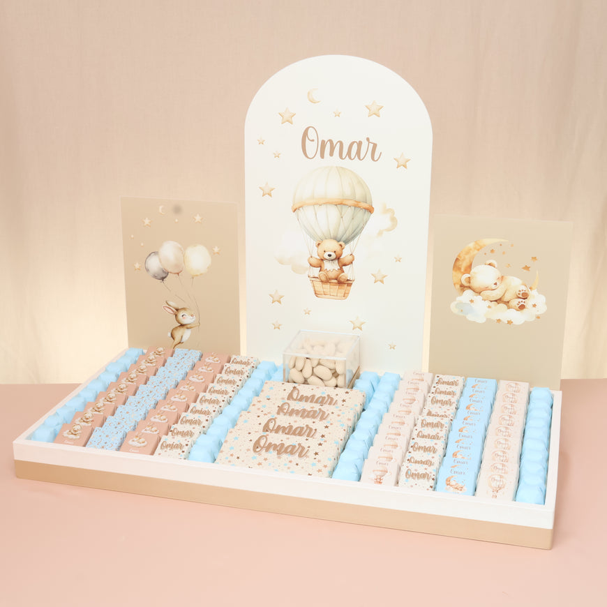Baby personalized teddy air balloon theme designed premium chocolate large leather tray