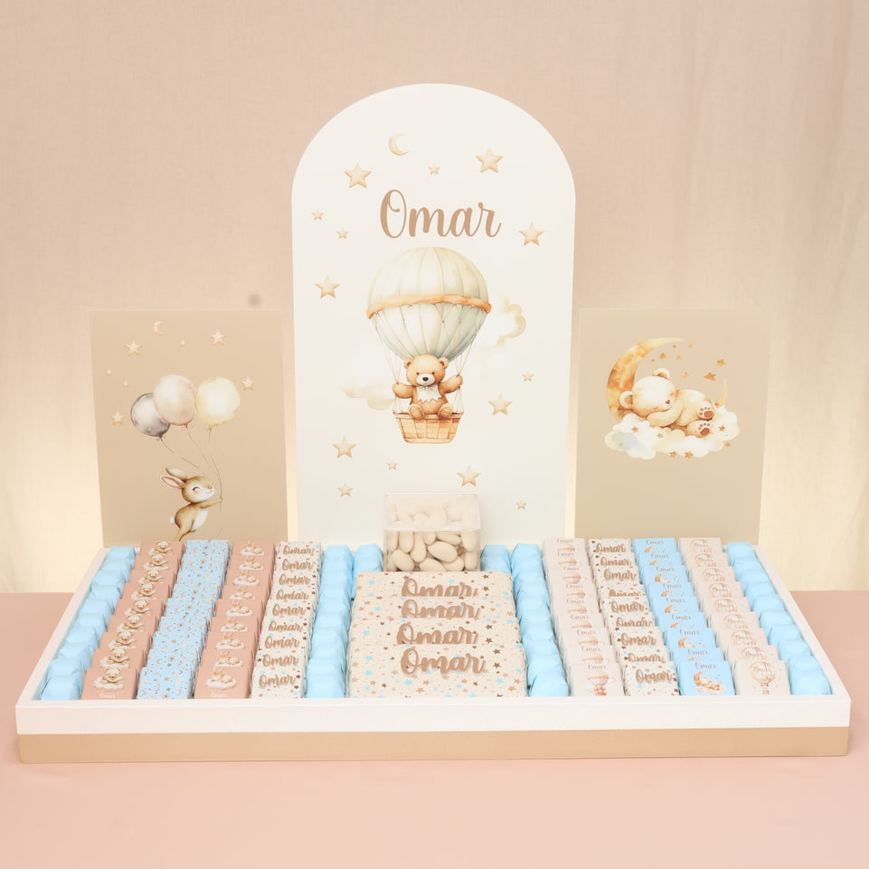 Baby personalized teddy air balloon theme designed premium chocolate large leather tray