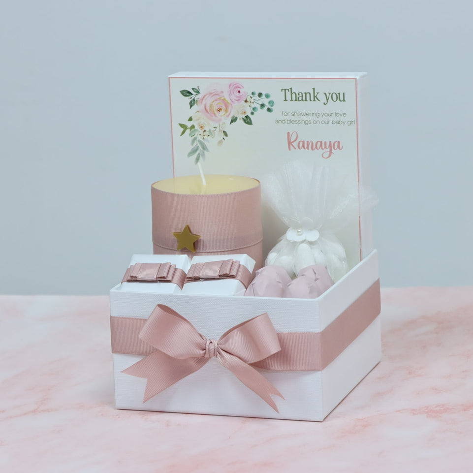 Flower design personalized candle and chocolate small hamper