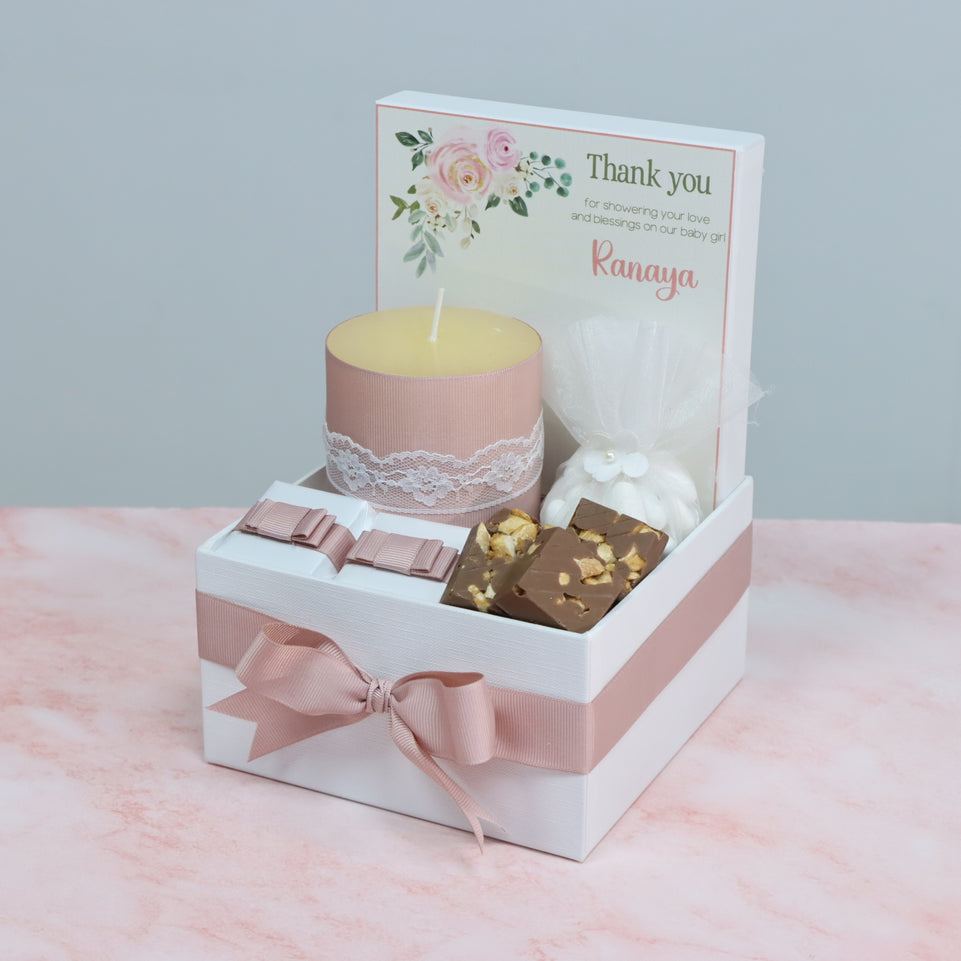 Flower design personalized candle and chocolate small hamper