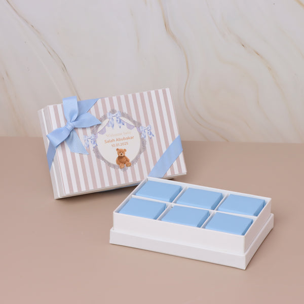 Set of 20 Baby boy teddy designed premium chocolate 6-piece hard box with ribbon
