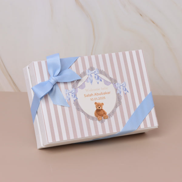 Set of 20 Baby boy teddy designed premium chocolate 6-piece hard box with ribbon