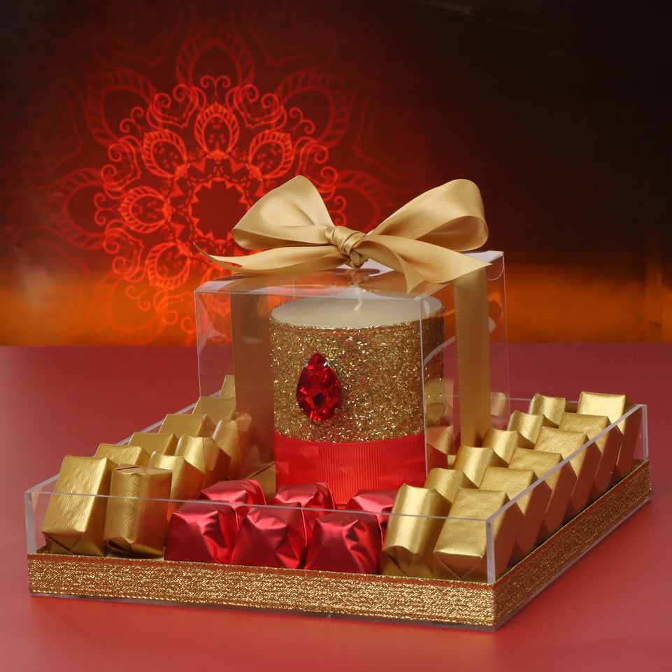 Diwali decorated candle & chocolate acrylic tray