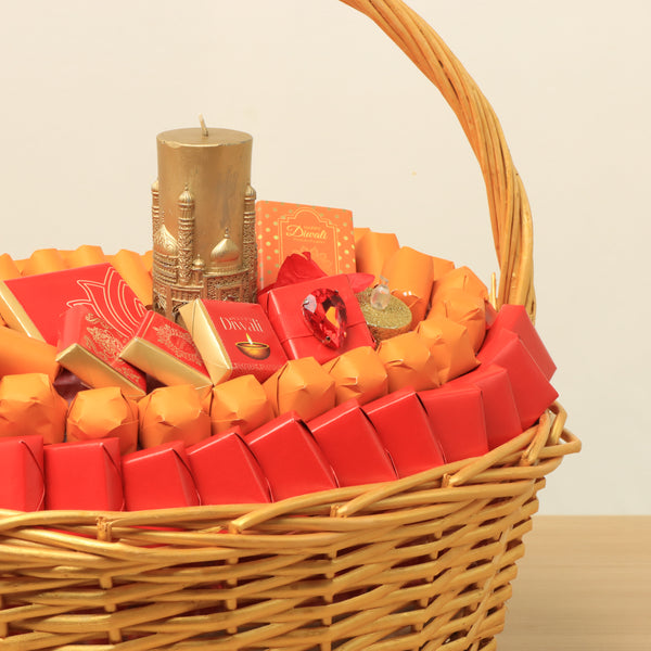 Happy Diwali with taj mahal candle customized premium chocolate & sweets large basket
