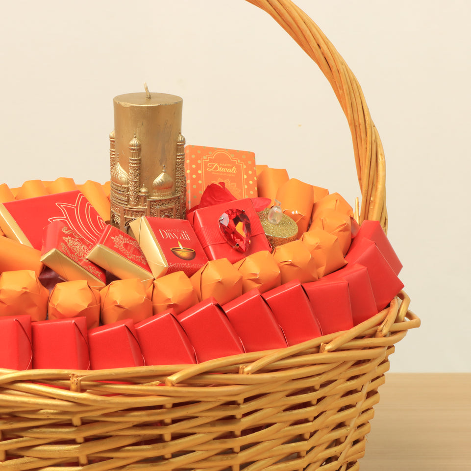 Happy Diwali with taj mahal candle customized premium chocolate & sweets large basket