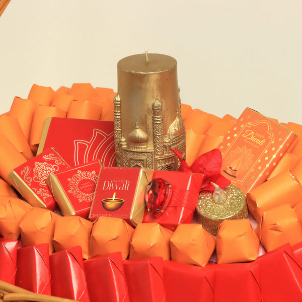 Happy Diwali with taj mahal candle customized premium chocolate & sweets large basket