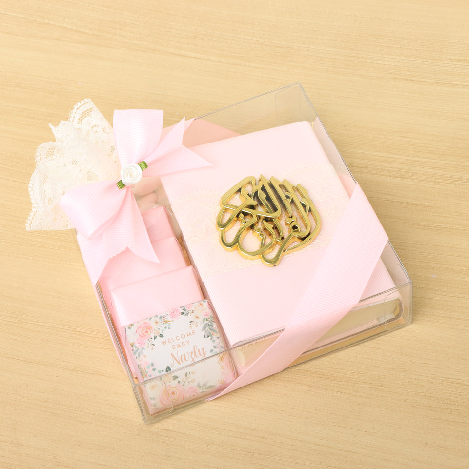 Set of 20 Baby girl customized design quran giveaway with premium chocolate clear box
