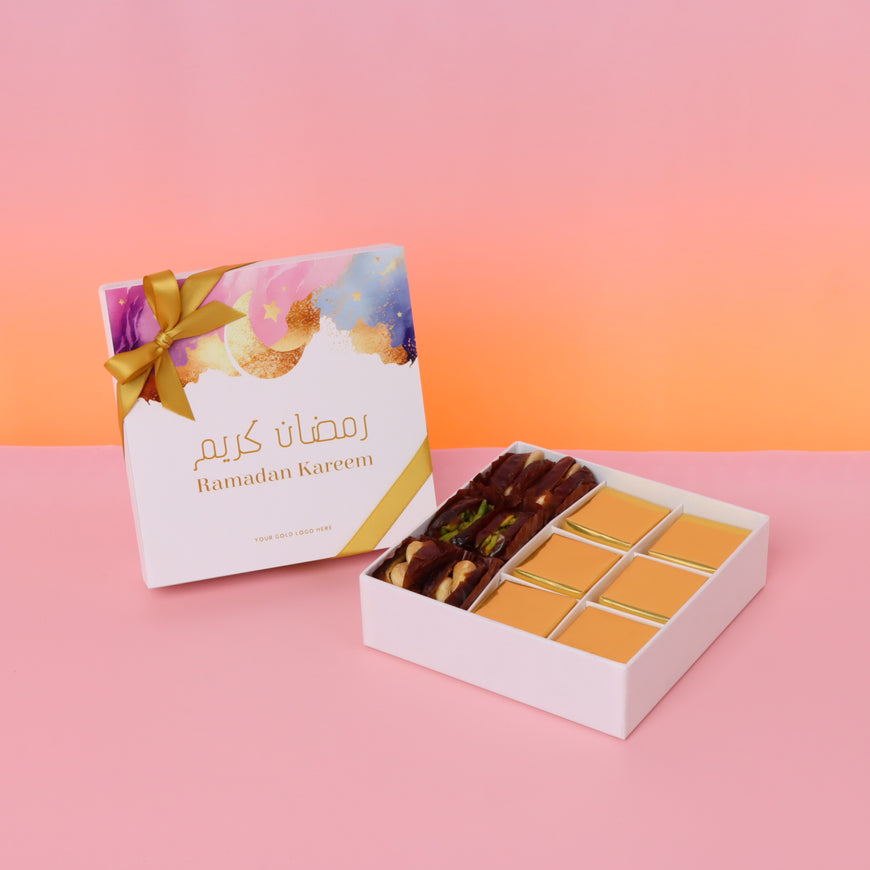 Corporate customized Ramadan kareem pastel designed chocolate & dates hard box giveaway