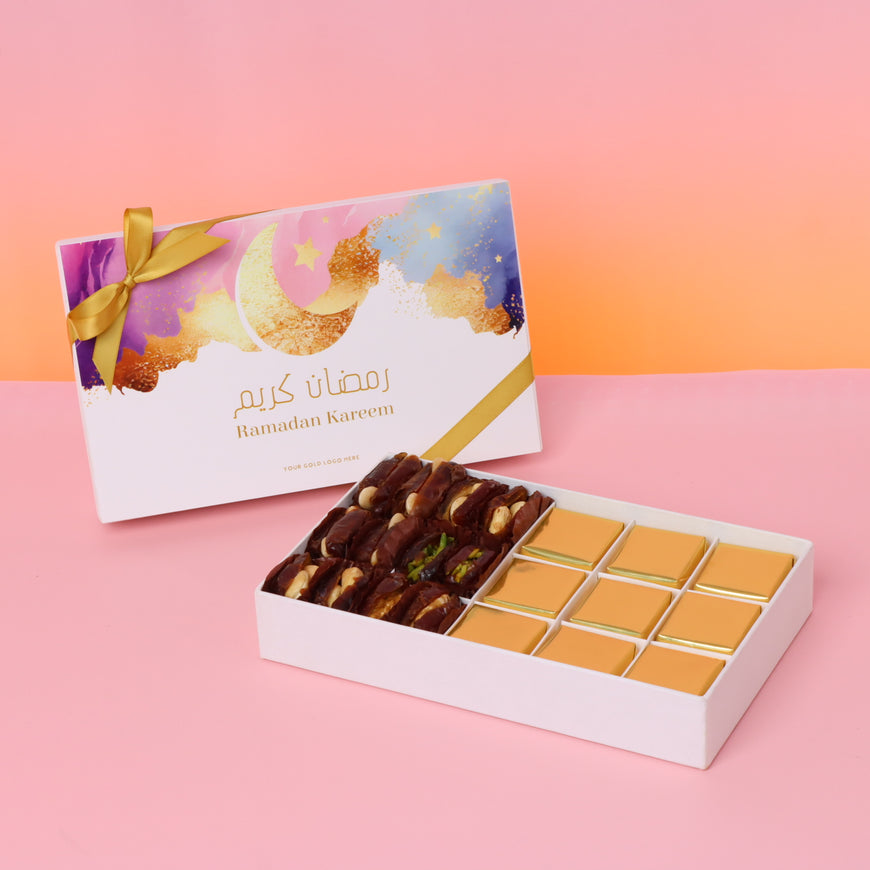 Corporate branded Ramadan kareem pastel designed chocolate & dates hard box