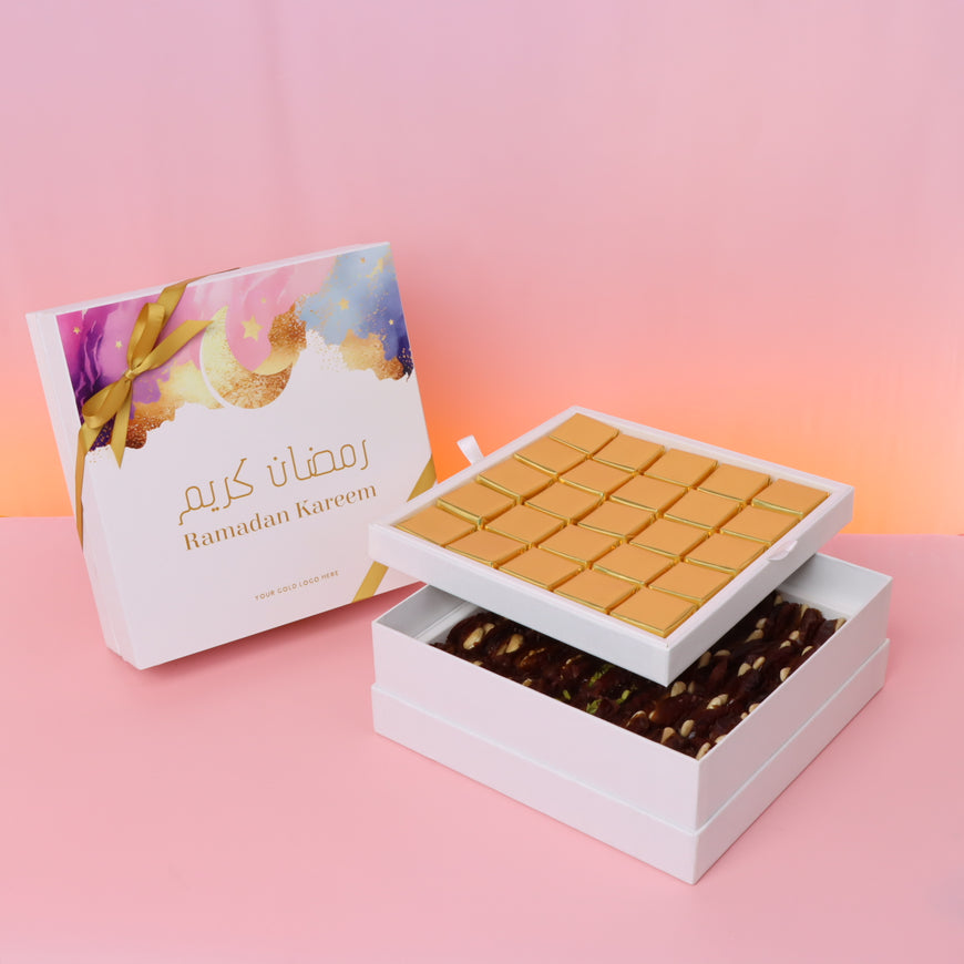 Corporate customized Ramadan kareem pastel designed chocolate & dates 2-layer hard box