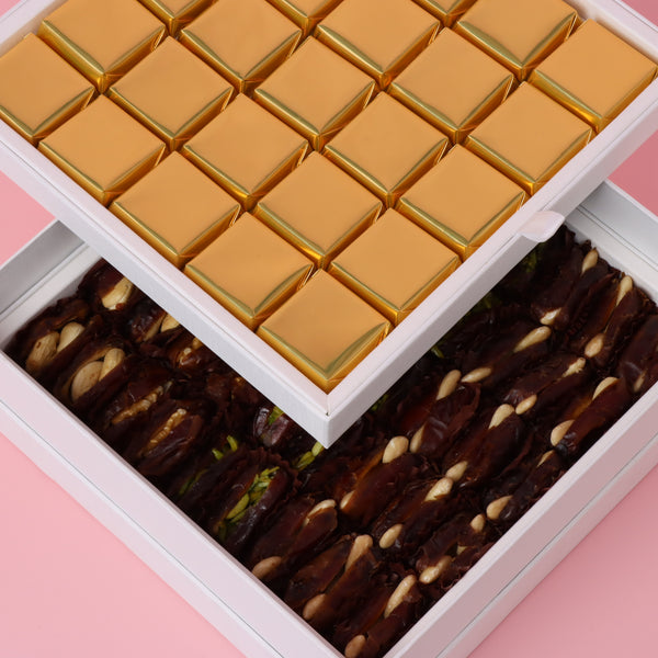 Corporate customized Ramadan kareem pastel designed chocolate & dates 2-layer hard box