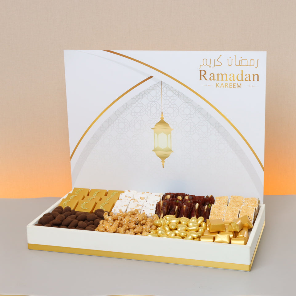 Ramadan kareem lantern designed chocolate & sweets medium leather tray with designed acrylic backdrop