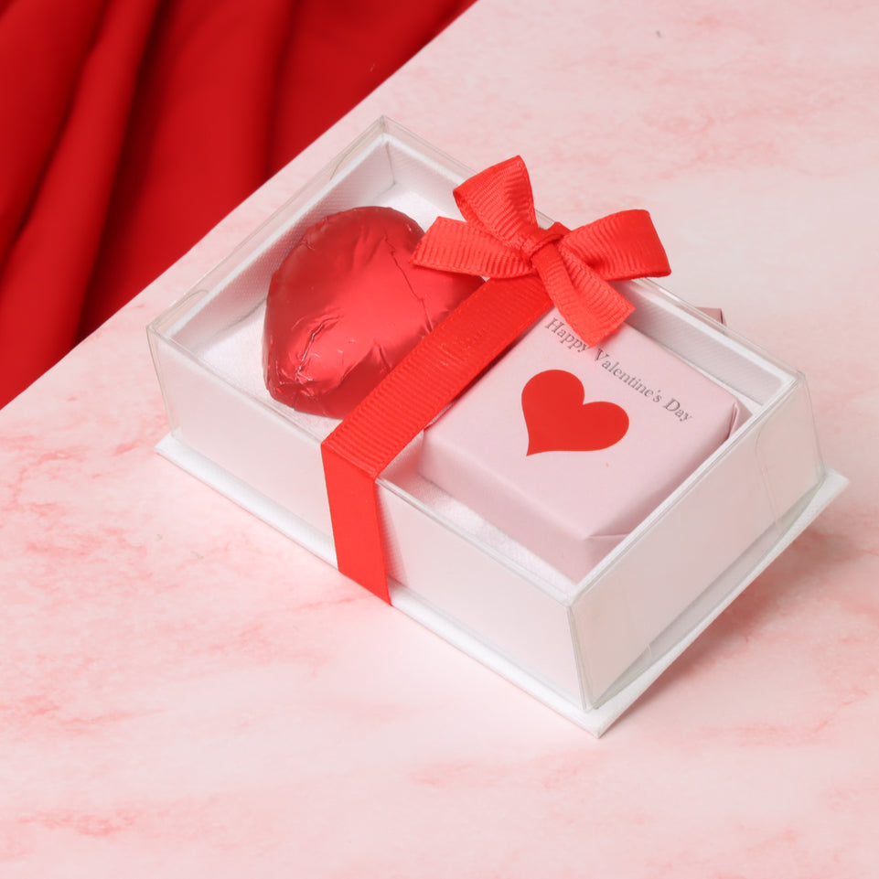 Happy valentines day designed top view box with ribbon giveaway