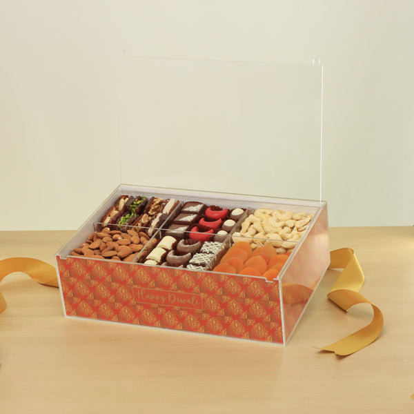 Happy diwali designed premium chocolate & nuts acrylic medium box