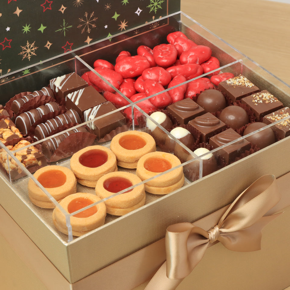 Season's Greetings with acrylic designed premium chocolate & sweets large hamper