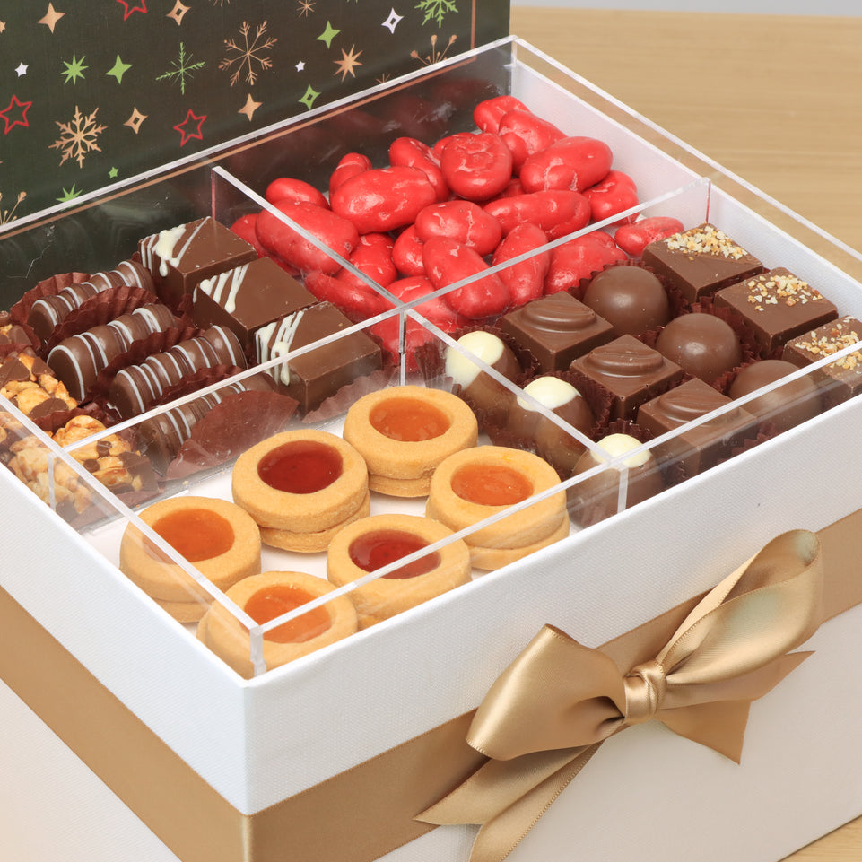 Season's Greetings with acrylic designed premium chocolate & sweets large hamper