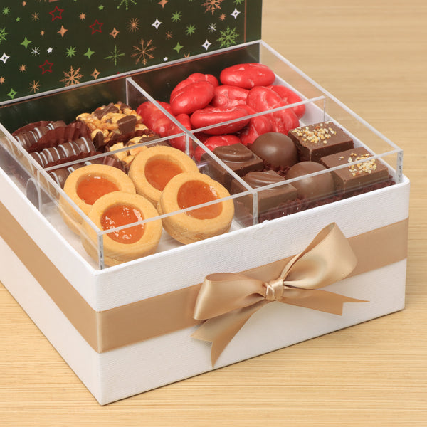 Season's Greeting designed with acrylic premium chocolate & sweets medium hamper