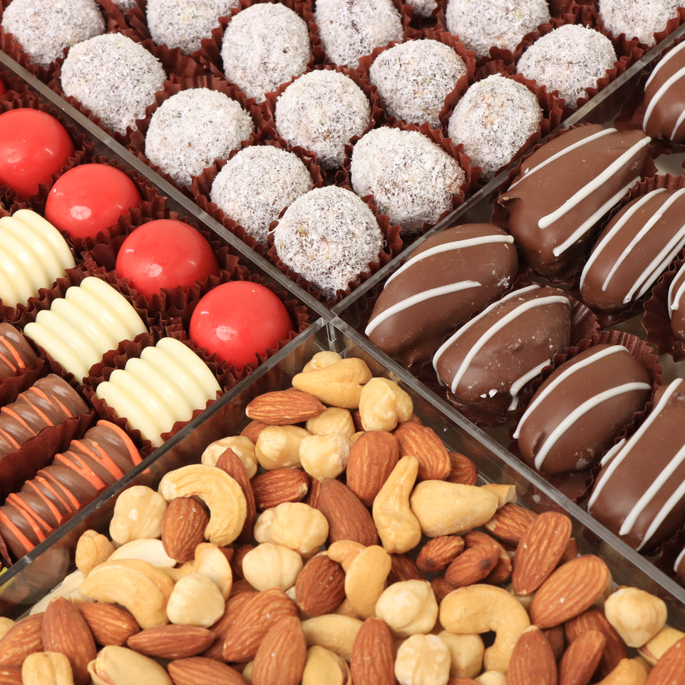 Eid mubarak premium chocolate, dates, nuts & dried fruits large acrylic double tray