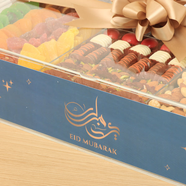 Eid mubarak premium chocolate, dates, nuts & dried fruits large acrylic double tray