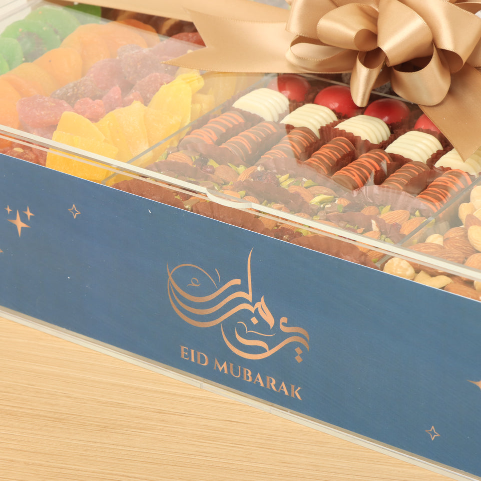 Eid mubarak premium chocolate, dates, nuts & dried fruits large acrylic double tray