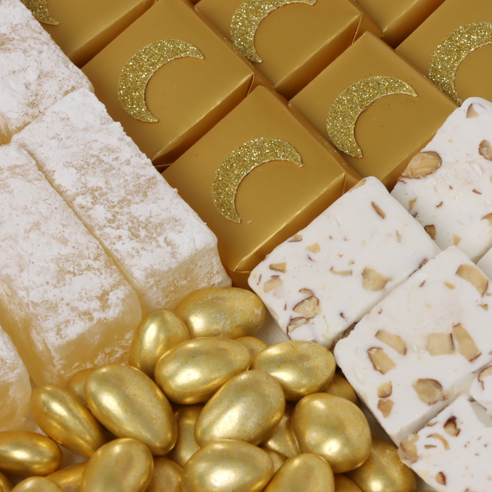 Ramadan kareem pastel designed chocolate & sweets medium leather tray with designed acrylic backdrop