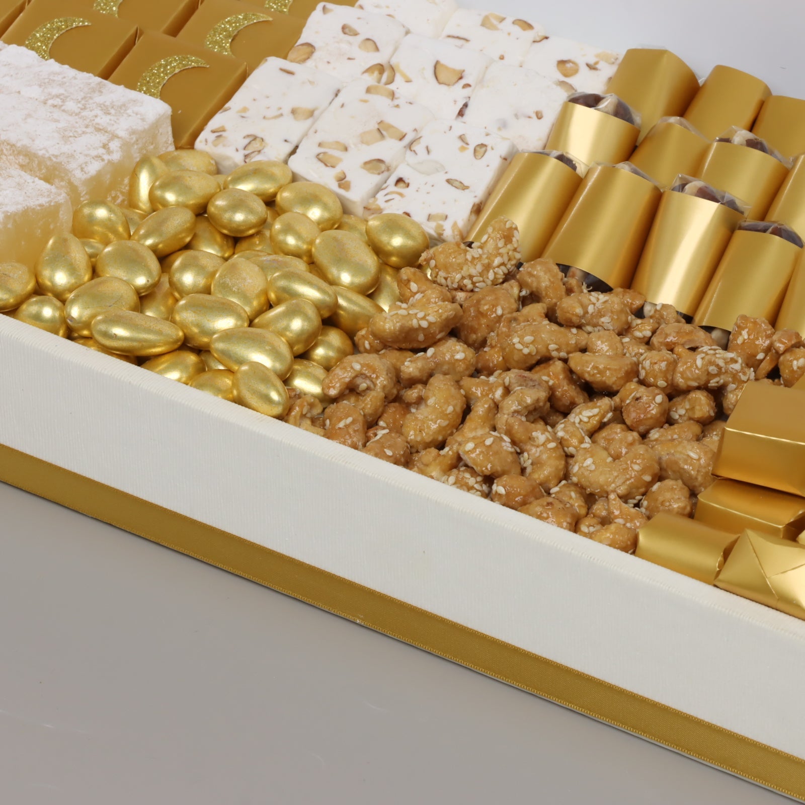 Ramadan kareem pastel designed chocolate & sweets medium leather tray with designed acrylic backdrop