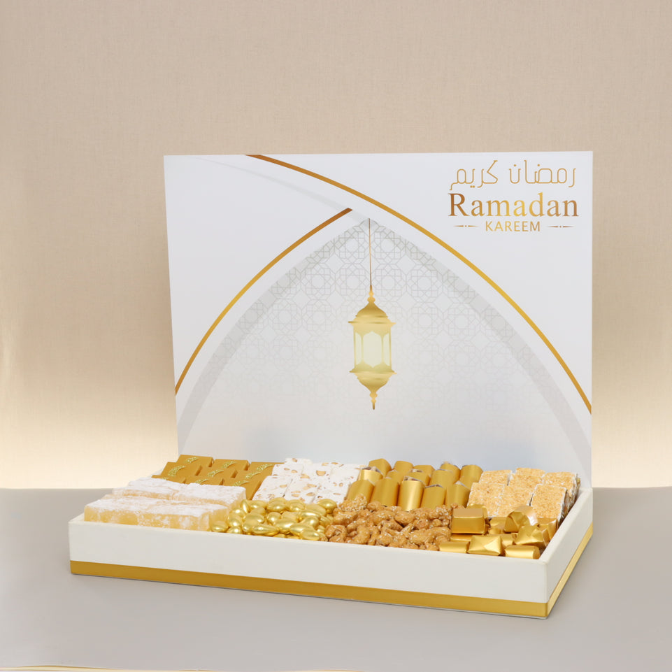 Ramadan kareem lantern designed chocolate & sweets medium leather tray with acrylic backdrop