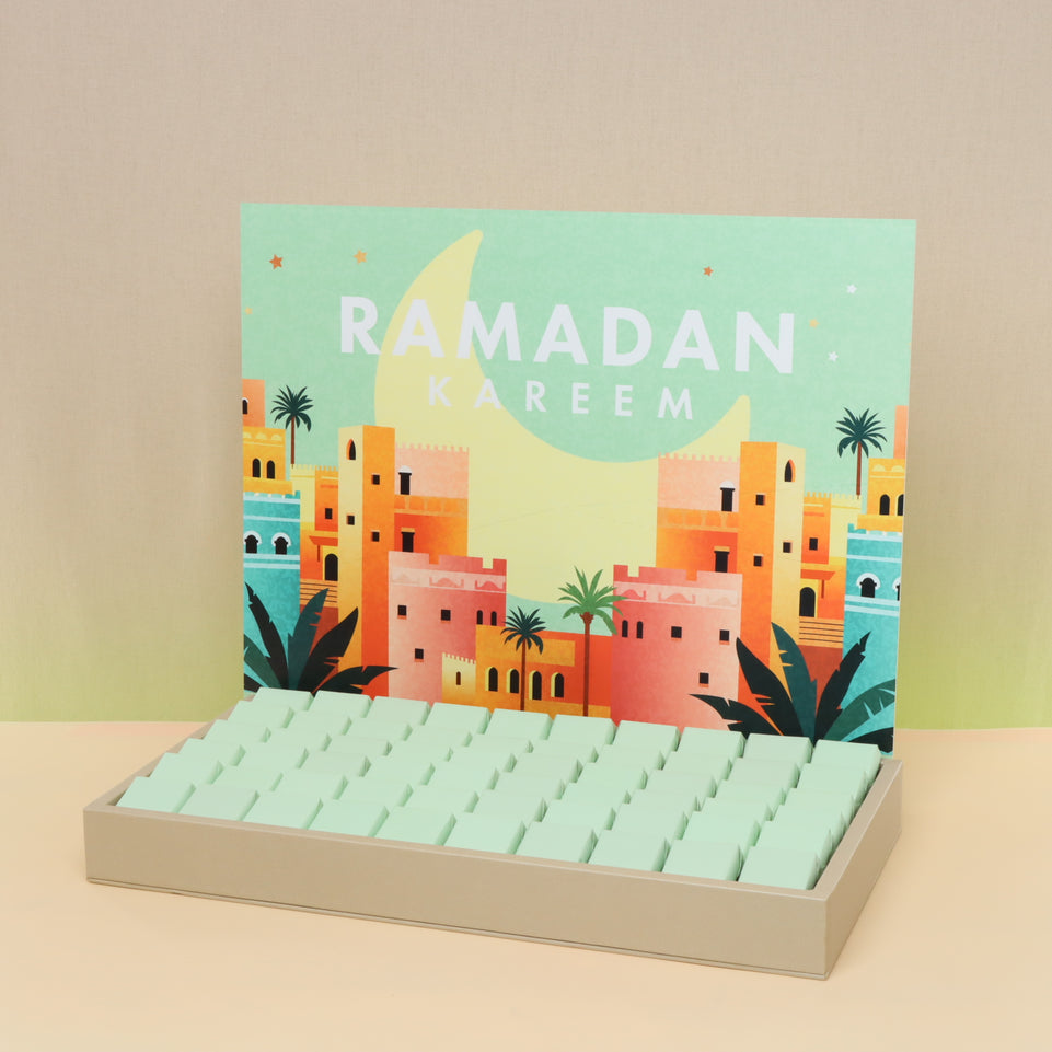 Ramadan kareem mosque designed chocolate medium leather tray with acrylic backdrop.