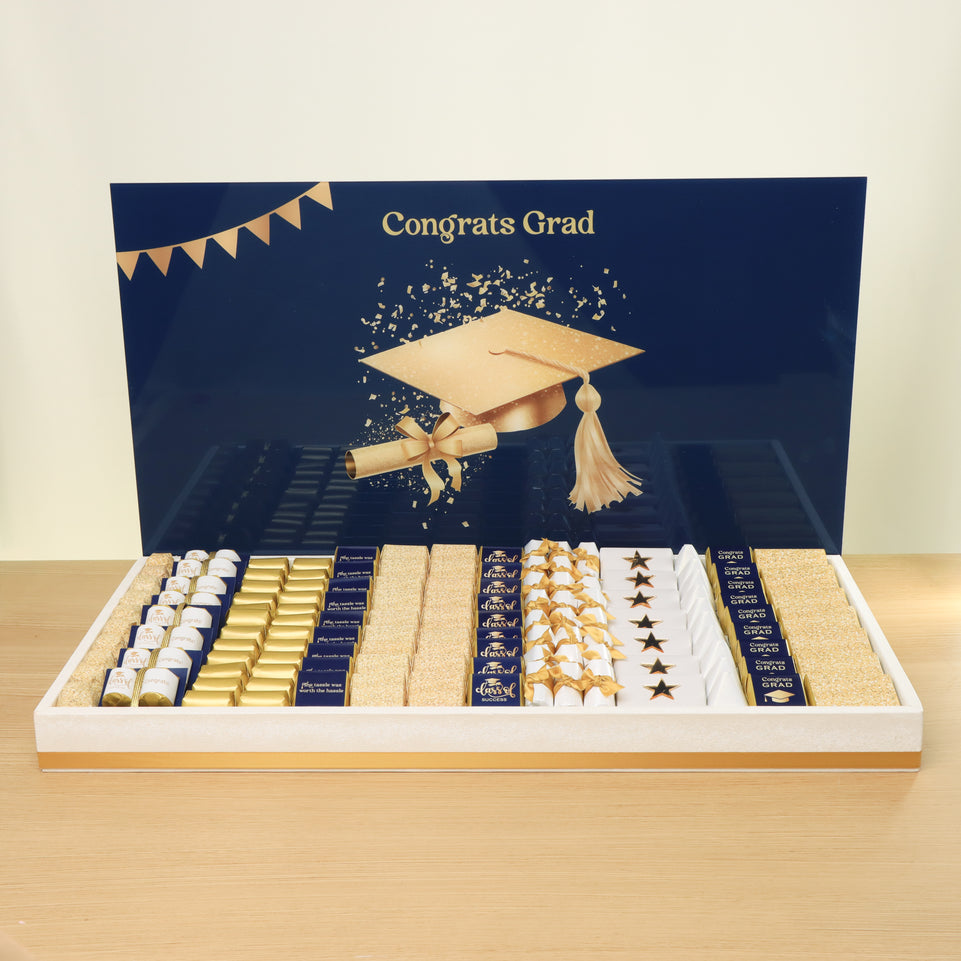 Graduation designed premium chocolate large leather tray with acrylic backdrop