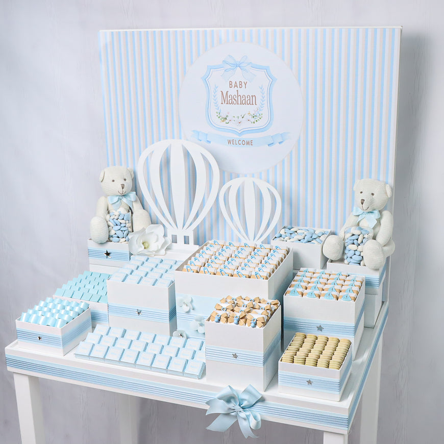 Baby boy personalized premium chocolate arrangement stand with personalized backdrop