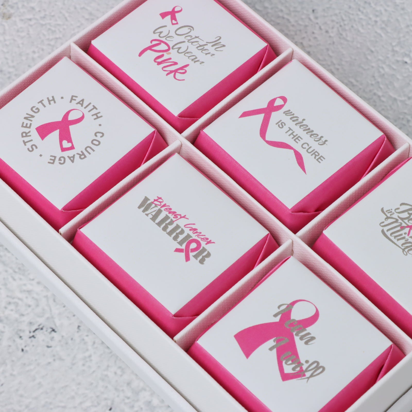 Set of 8 Breast cancer awareness designed chocolate 6-piece hard box